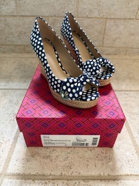 Tory Burch Navy and White Polka Dot Espadrille Wedge Peep-Toe
